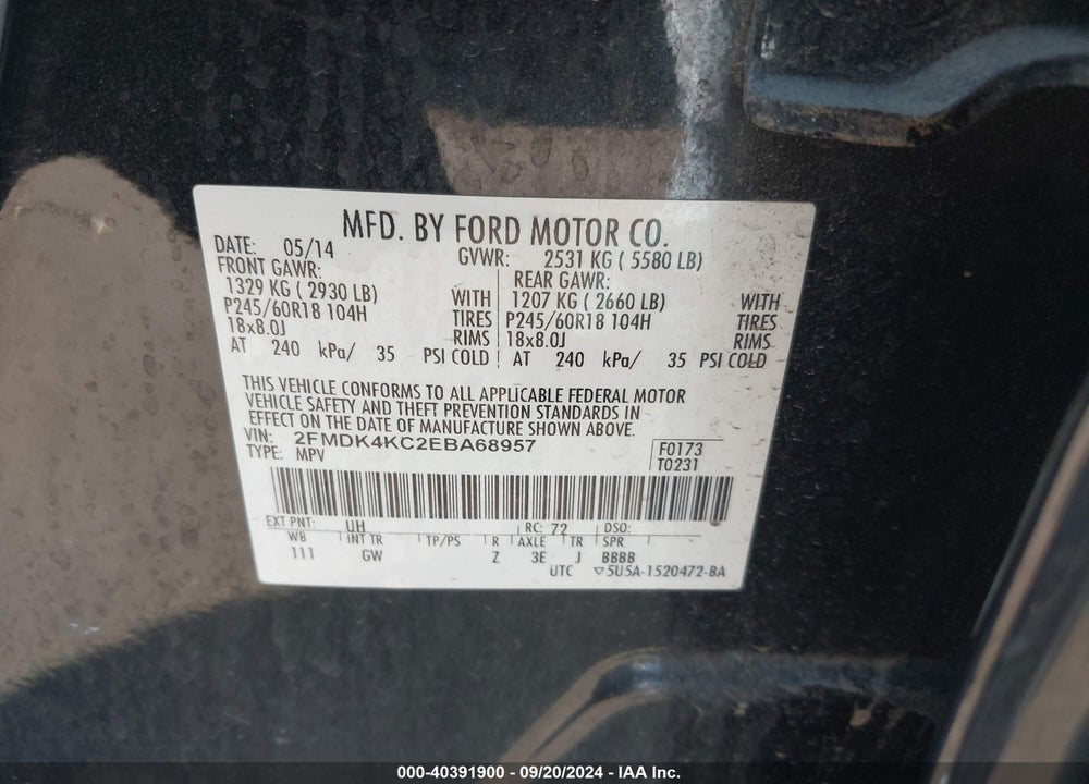 2014 FORD EDGE LIMITED VIN: 2FMDK4KC2EBA68957