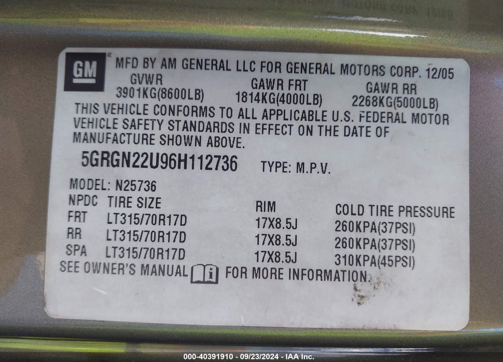 2006 HUMMER H2 SUT VIN: 5GRGN22U96H112736
