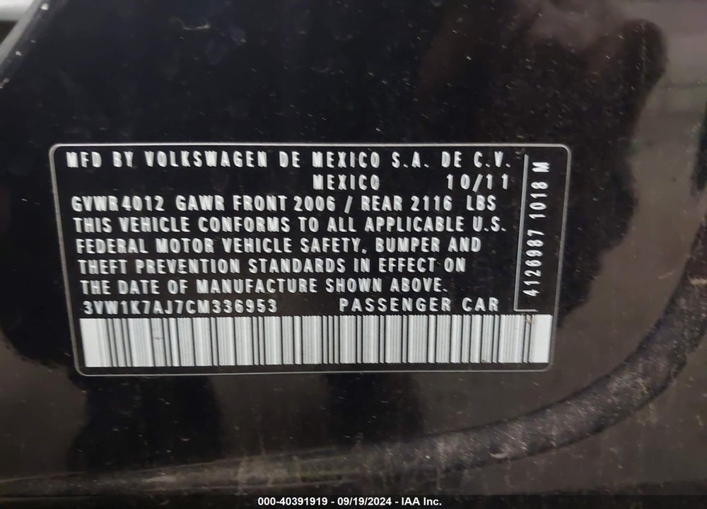 2012 VOLKSWAGEN JETTA 2.0L S VIN: 3VW1K7AJ7CM336953