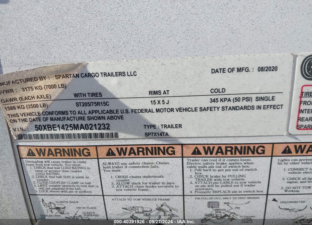 2021 SPARTAN CARGO TRAILER VIN: 50XBE1425MA021232