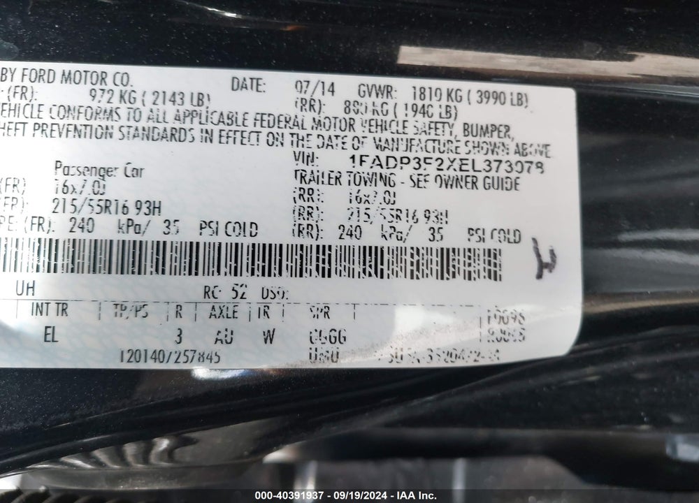 2014 FORD FOCUS SE VIN: 1FADP3F2XEL373078