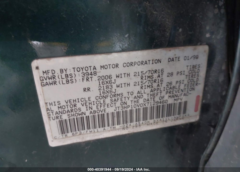1999 TOYOTA RAV4 VIN: JT3HP10V0X7129460