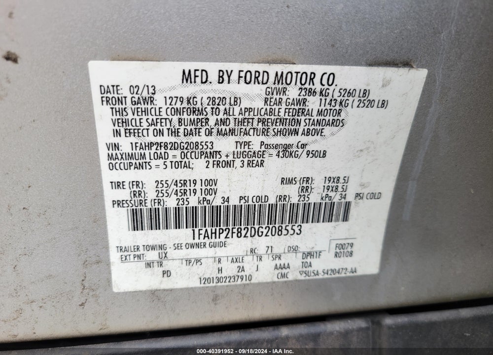 2013 FORD TAURUS LIMITED VIN: 1FAHP2F82DG208553