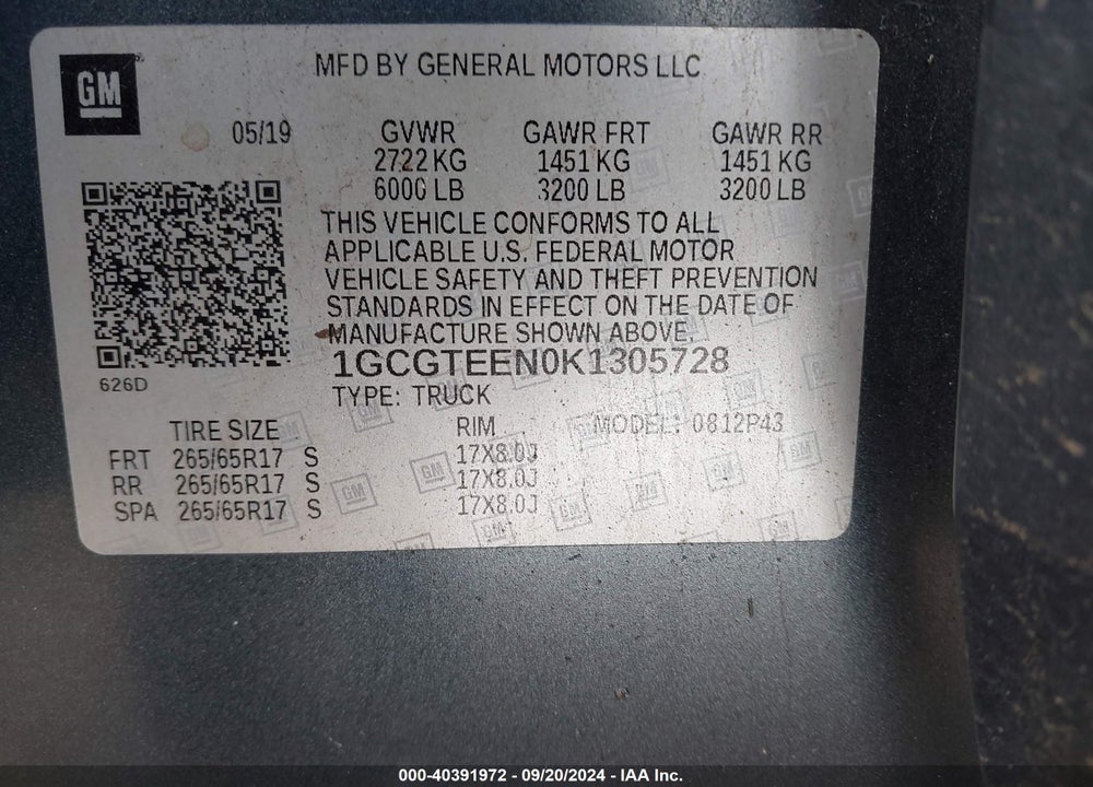 2019 CHEVROLET COLORADO ZR2 VIN: 1GCGTEEN0K1305728