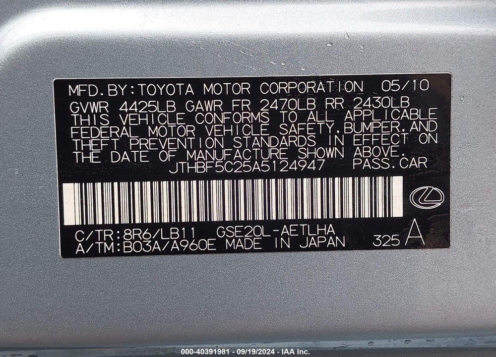 2010 LEXUS IS 250 VIN: JTHBF5C25A5124947