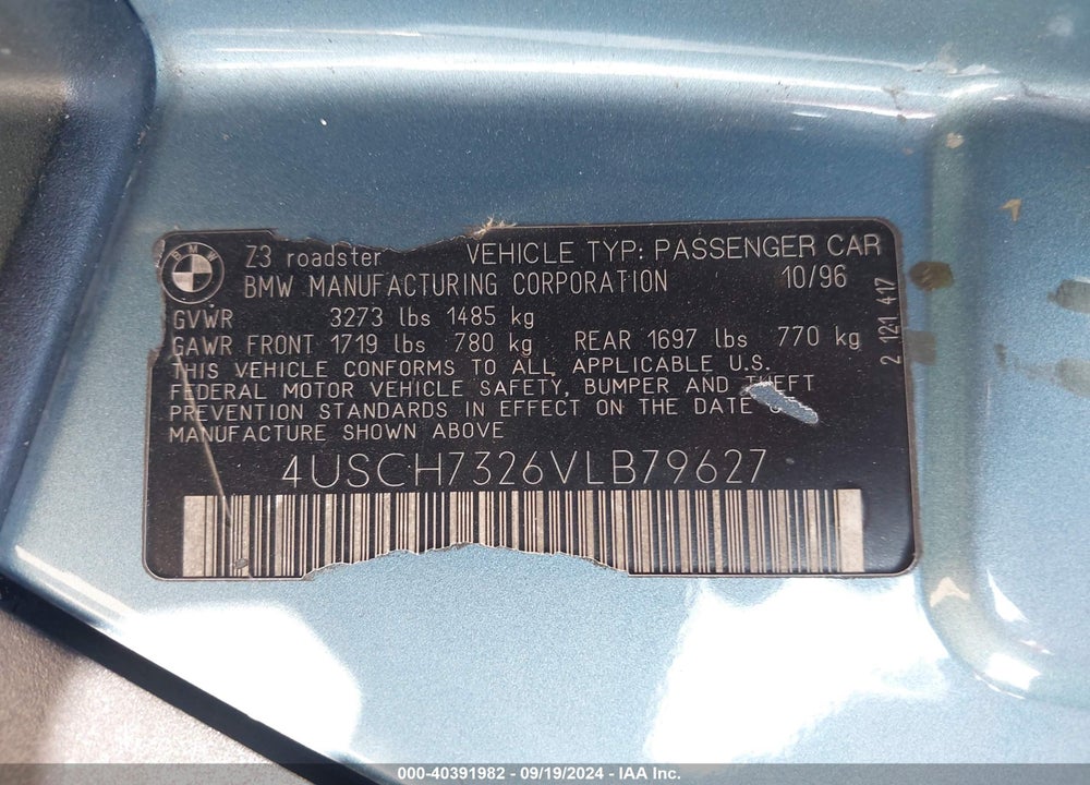 1997 BMW Z3 1.9L ROADSTER VIN: 4USCH7326VLB79627