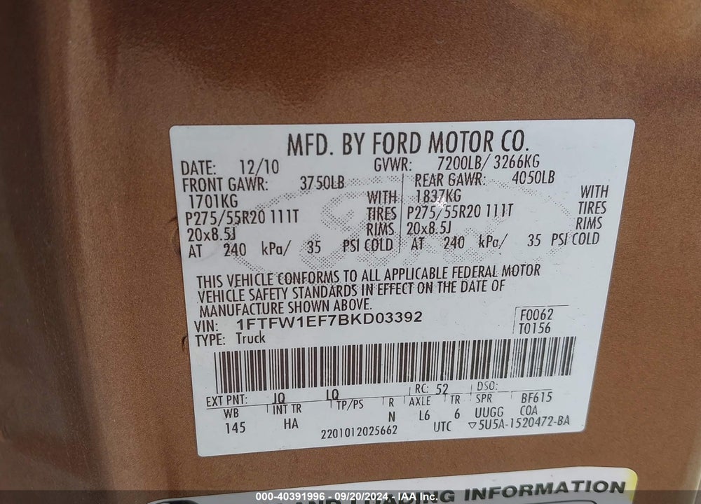 2011 FORD F-150 LARIAT VIN: 1FTFW1EF7BKD03392
