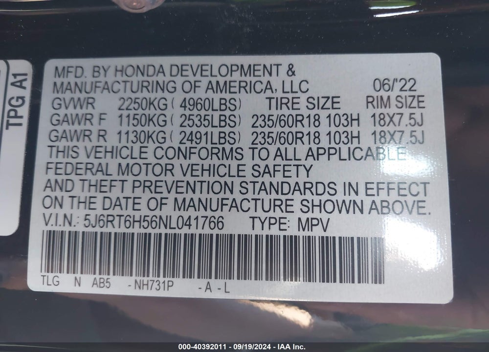 2022 HONDA CR-V HYBRID EX VIN: 5J6RT6H56NL041766