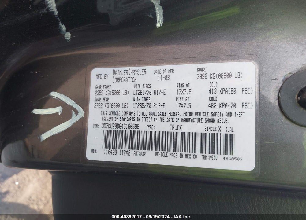 2004 DODGE RAM 2500 SLT/LARAMIE VIN: 3D7KU28D64G160598