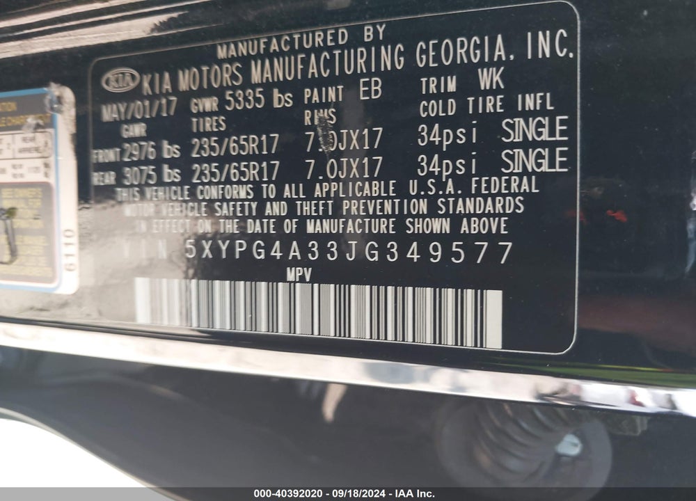 2018 KIA SORENTO 2.4L LX VIN: 5XYPG4A33JG349577