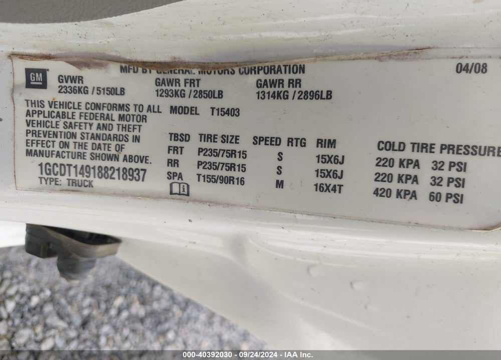 2008 CHEVROLET COLORADO WORK TRUCK VIN: 1GCDT149188218937