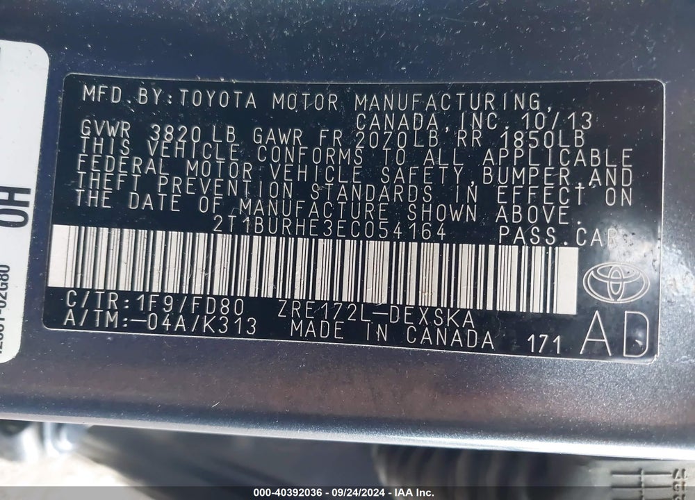 2014 TOYOTA COROLLA S PLUS VIN: 2T1BURHE3EC054164