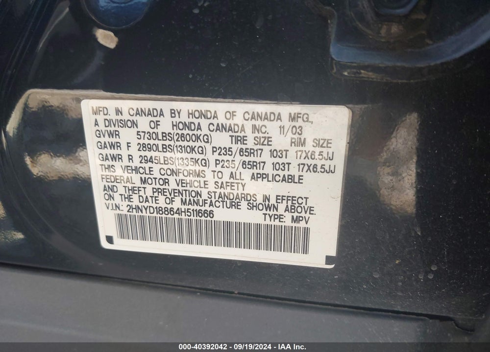 2004 ACURA MDX VIN: 2HNYD18864H511666