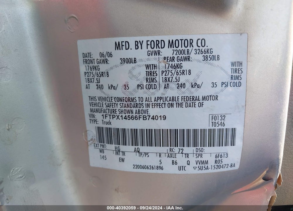 2006 FORD F-150 FX4/LARIAT/XL/XLT VIN: 1FTPX14566FB74019