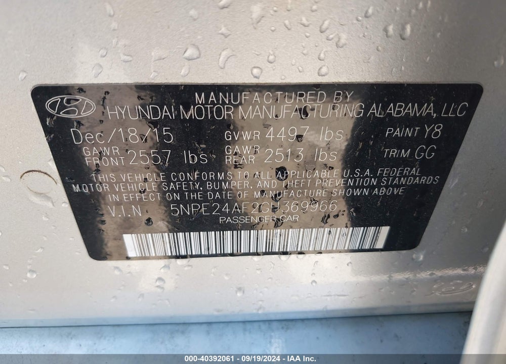 2016 HYUNDAI SONATA SE VIN: 5NPE24AF2GH369966