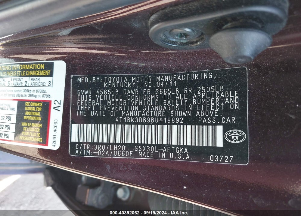 2011 TOYOTA AVALON VIN: 4T1BK3DB9BU419892