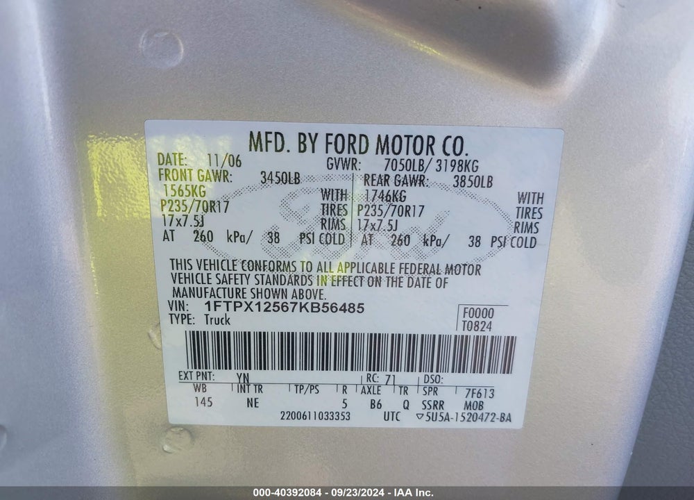 2007 FORD F-150 LARIAT/STX/XL/XLT VIN: 1FTPX12567KB56485