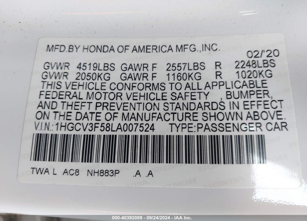 2020 HONDA ACCORD HYBRID EX-L VIN: 1HGCV3F58LA007524