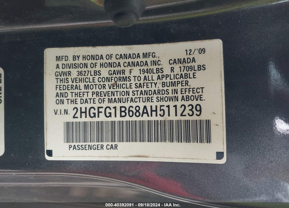 2010 HONDA CIVIC LX VIN: 2HGFG1B68AH511239
