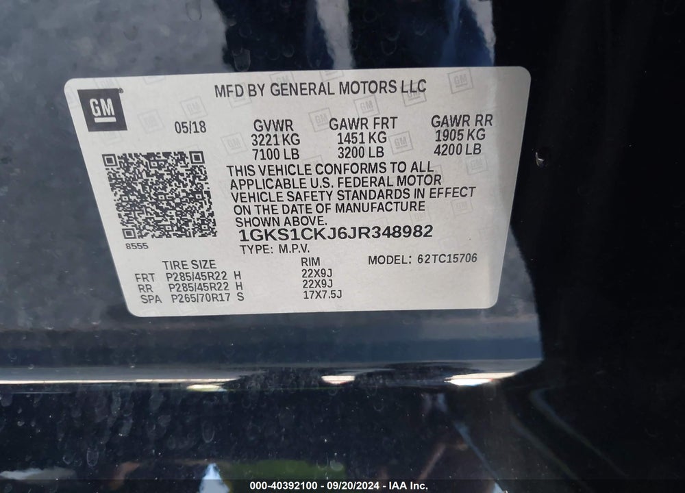 2018 GMC YUKON DENALI VIN: 1GKS1CKJ6JR348982