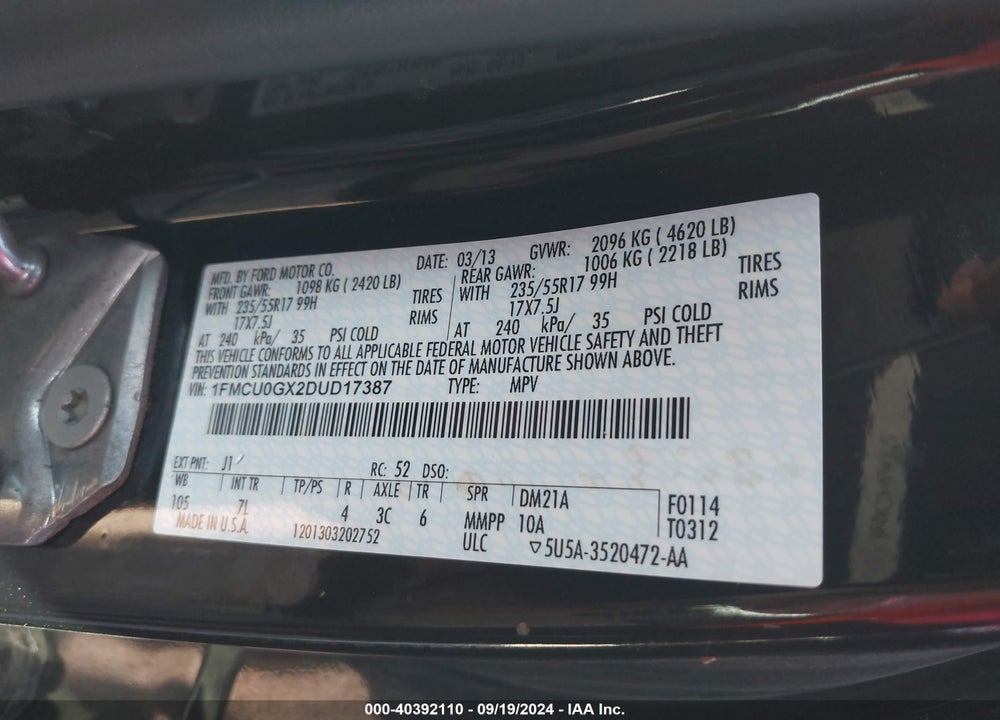 2013 FORD ESCAPE SE VIN: 1FMCU0GX2DUD17387