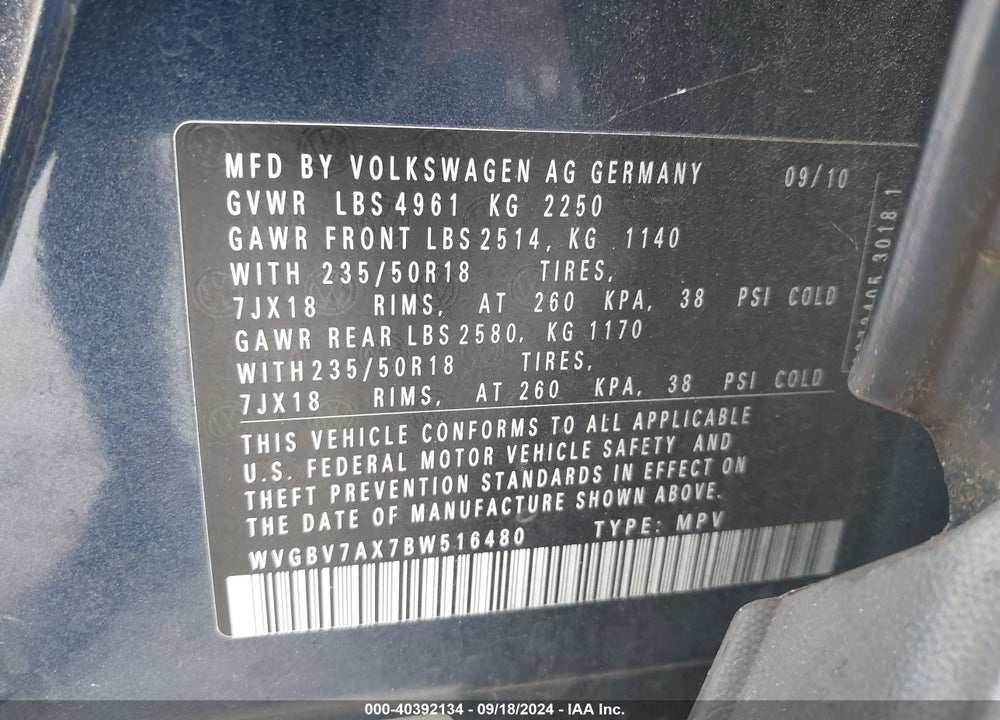 2011 VOLKSWAGEN TIGUAN SEL VIN: WVGBV7AX7BW516480