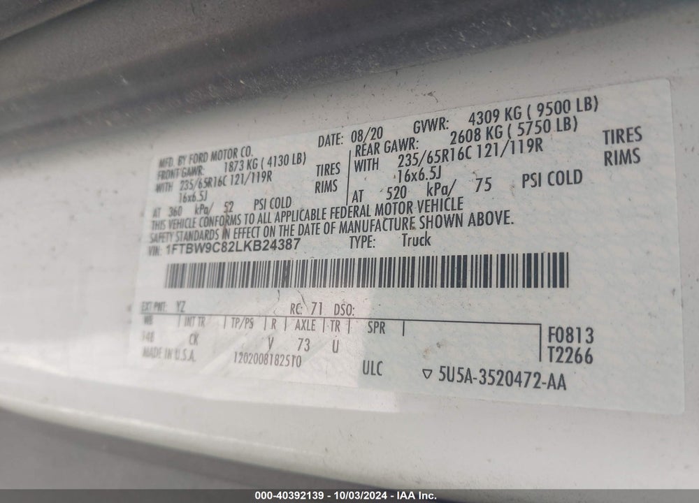 2020 FORD TRANSIT-350 VIN: 1FTBW9C82LKB24387