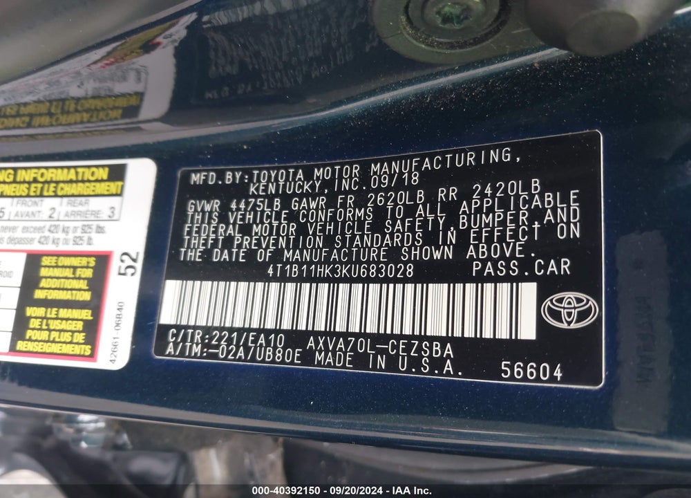 2019 TOYOTA CAMRY SE VIN: 4T1B11HK3KU683028