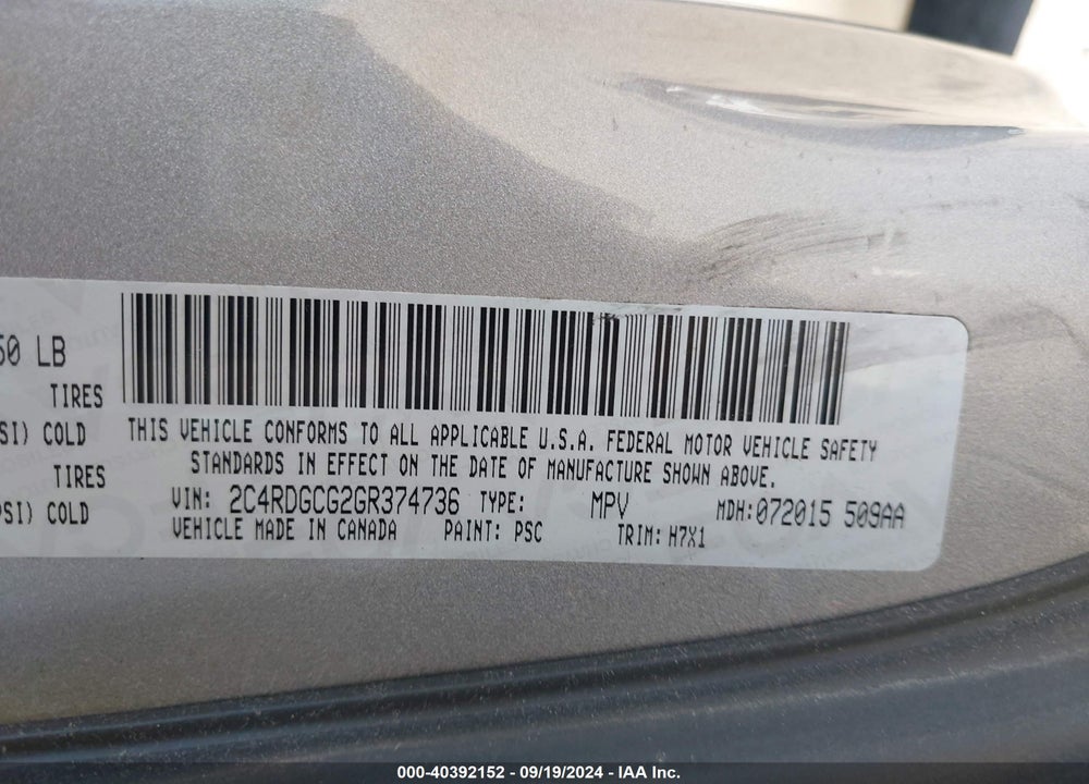 2016 DODGE GRAND CARAVAN SXT VIN: 2C4RDGCG2GR374736