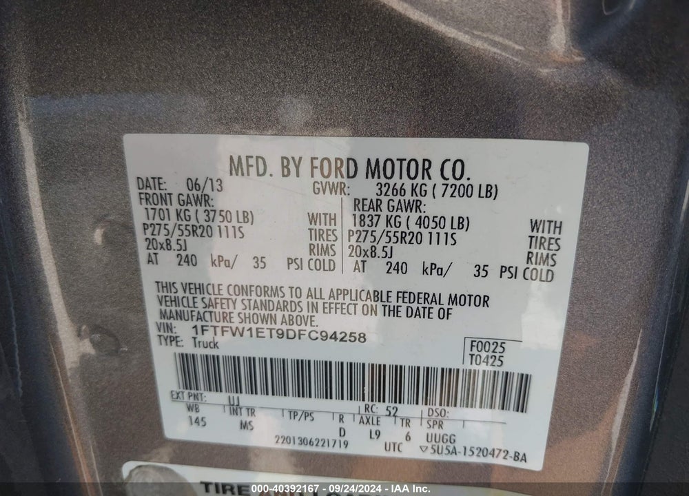 2013 FORD F-150 XLT VIN: 1FTFW1ET9DFC94258