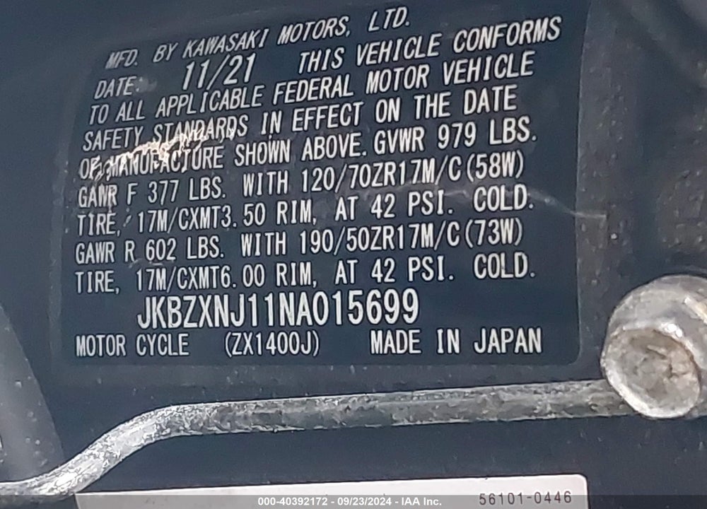 2022 KAWASAKI ZX1400 J VIN: JKBZXNJ11NA015699