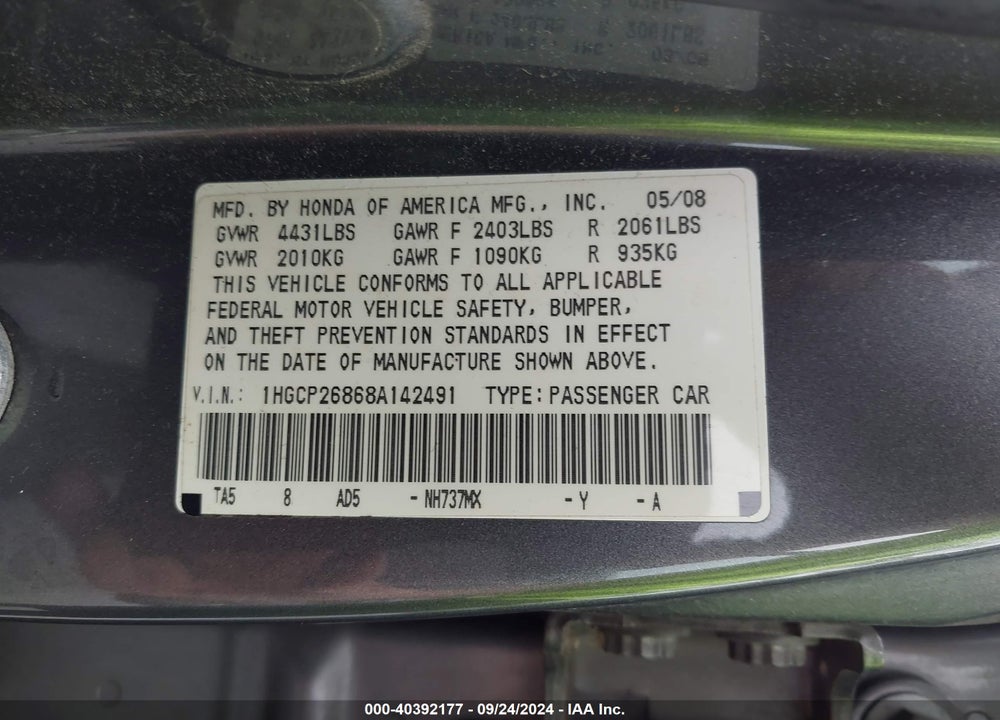 2008 HONDA ACCORD VIN: 1HGCP26868A142491