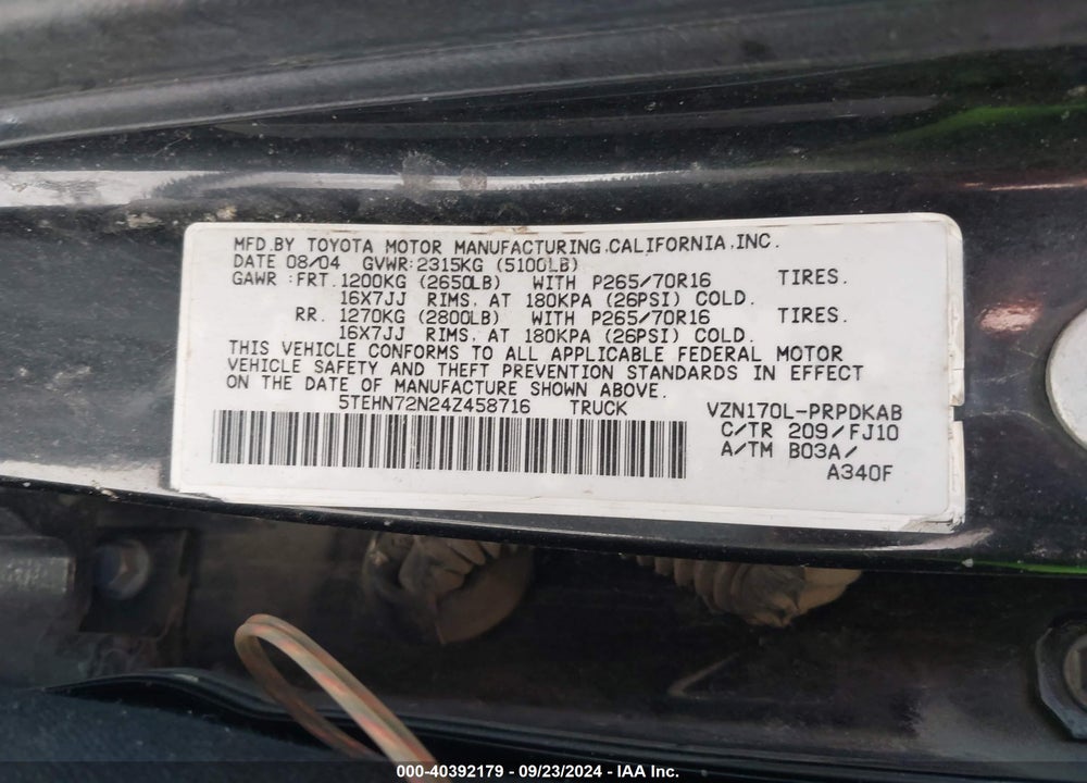 2004 TOYOTA TACOMA BASE V6 VIN: 5TEHN72N24Z458716