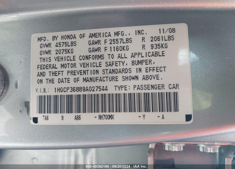 2009 HONDA ACCORD 3.5 EX-L VIN: 1HGCP36889A027544