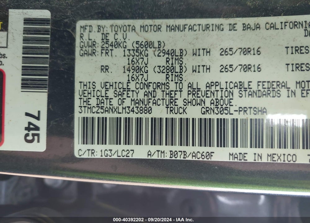 2020 TOYOTA TACOMA TRD OFF ROAD VIN: 3TMCZ5ANXLM343880