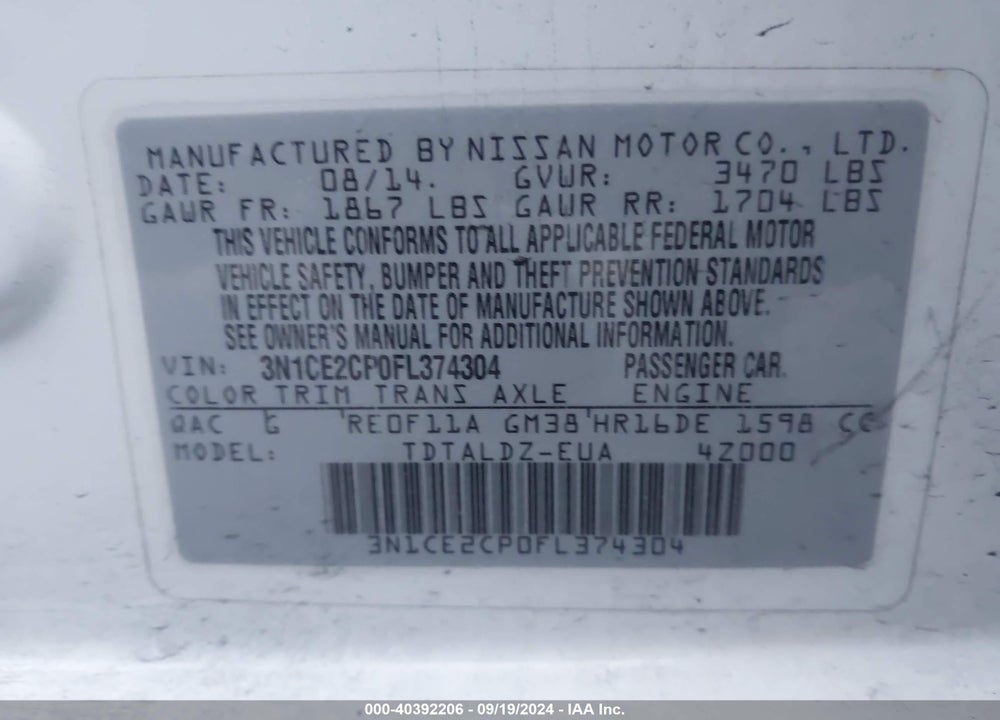 2015 NISSAN VERSA NOTE S (SR)/S PLUS/SL/SR/SV VIN: 3N1CE2CP0FL374304