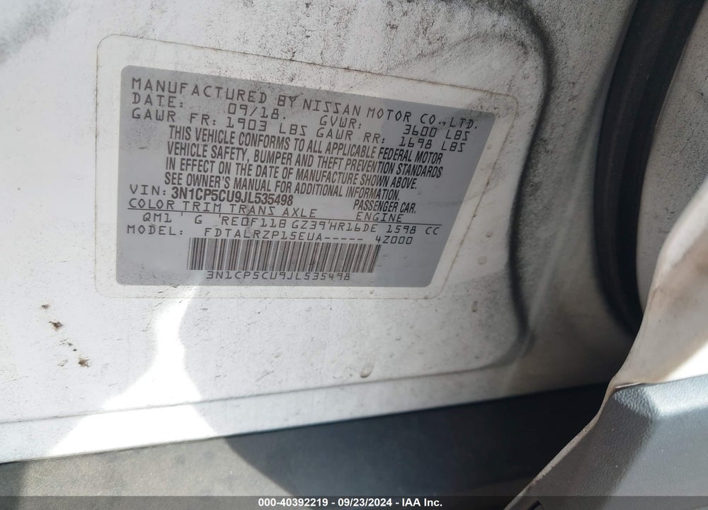 2018 NISSAN KICKS S VIN: 3N1CP5CU9JL535498