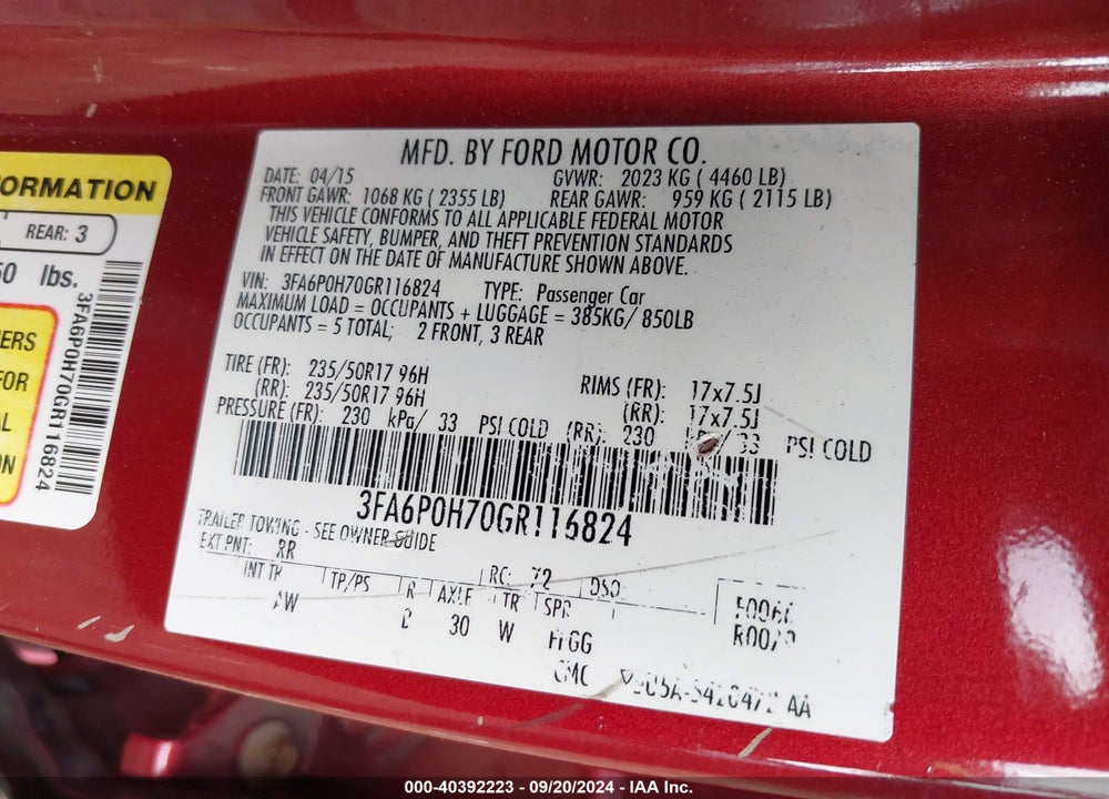 2016 FORD FUSION SE VIN: 3FA6P0H70GR116824