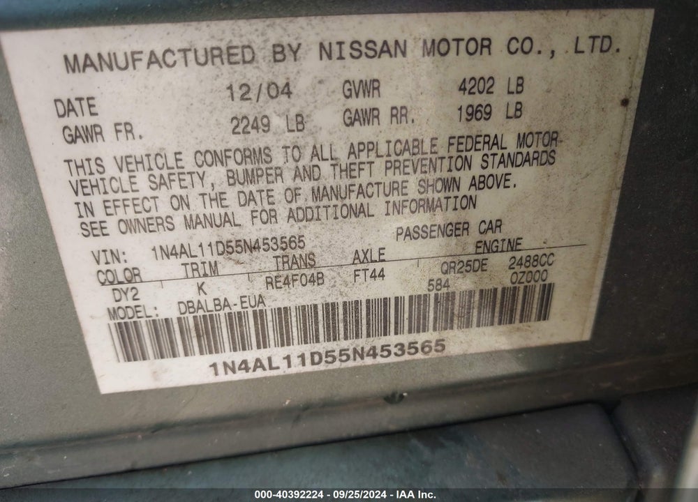 2005 NISSAN ALTIMA 2.5 S VIN: 1N4AL11D55N453565