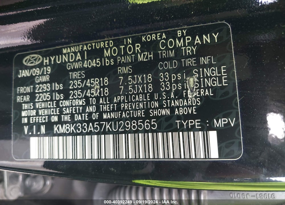 2019 HYUNDAI KONA LIMITED VIN: KM8K33A57KU298565