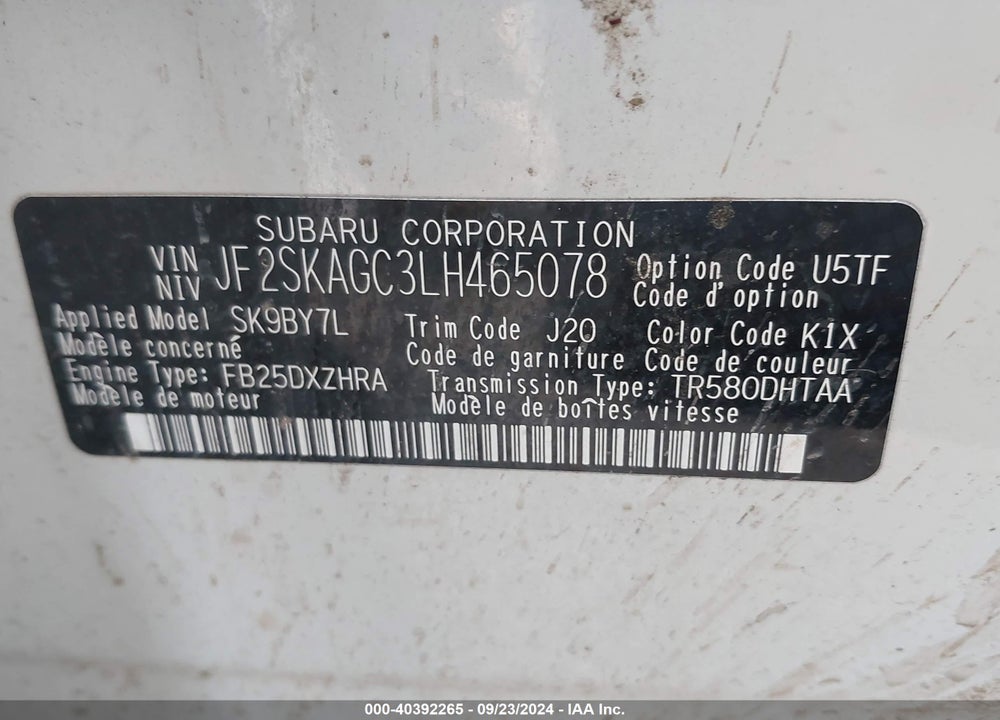 2020 SUBARU FORESTER PREMIUM VIN: JF2SKAGC3LH465078