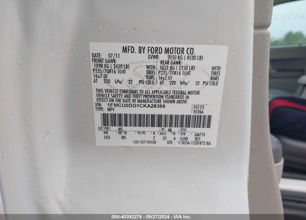 2012 FORD ESCAPE XLT VIN: 1FMCU0DG1CKA28368