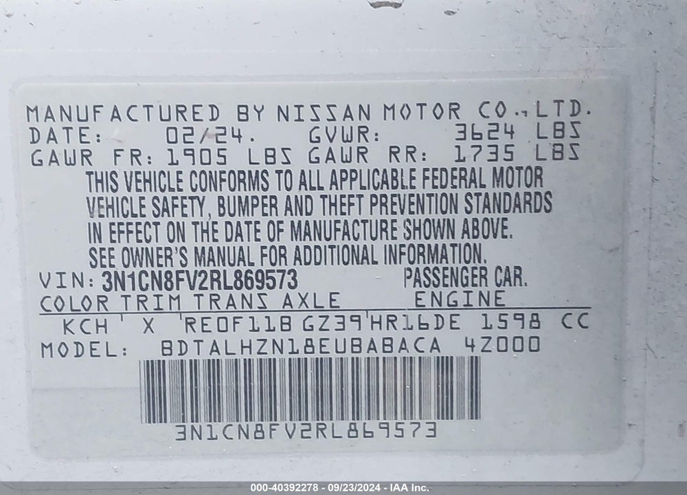 2024 NISSAN VERSA 1.6 SR VIN: 3N1CN8FV2RL869573