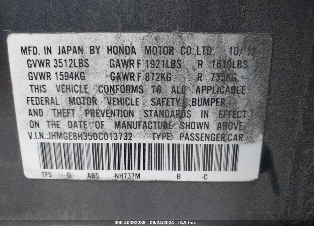 2013 HONDA FIT VIN: JHMGE8H35DC013732