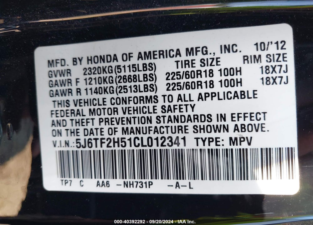 2012 HONDA CROSSTOUR EX-L VIN: 5J6TF2H51CL012341