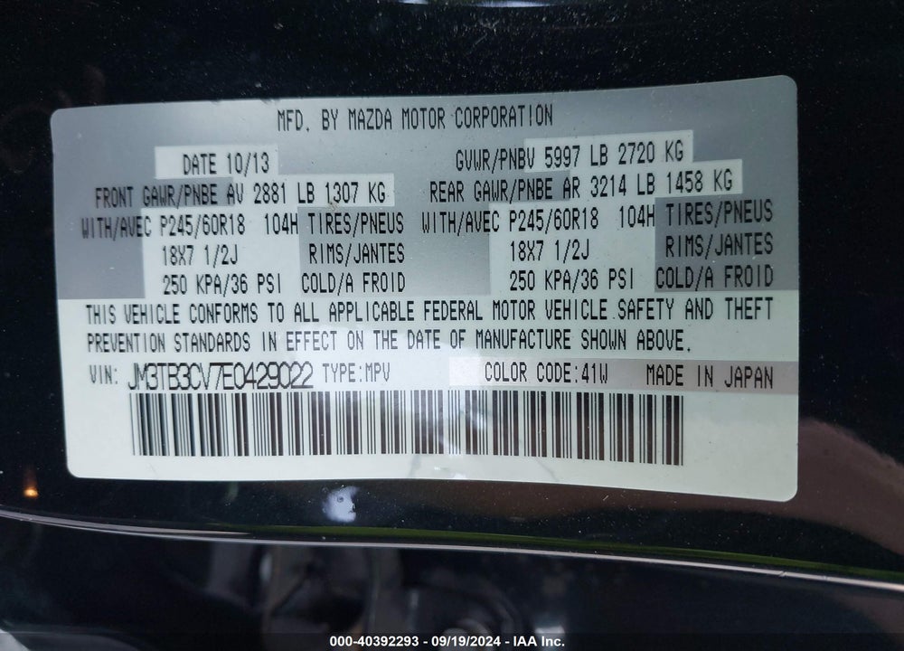 2014 MAZDA CX-9 TOURING VIN: JM3TB3CV7E0429022