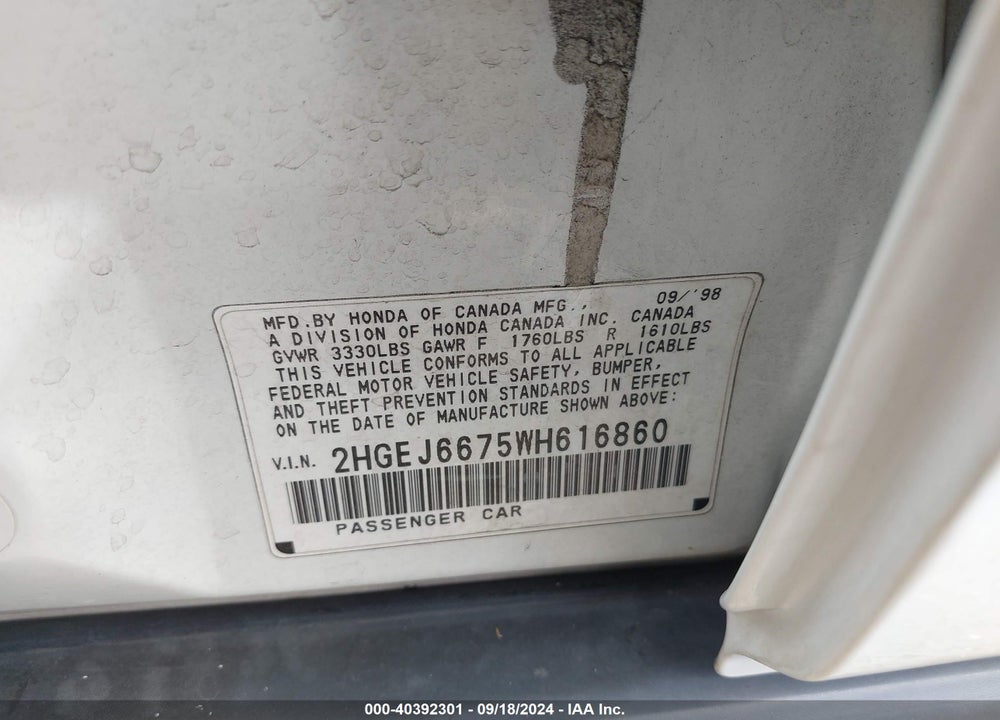 1998 HONDA CIVIC LX VIN: 2HGEJ6675WH616860