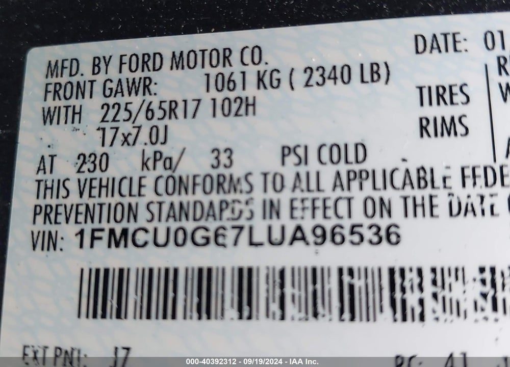 2020 FORD ESCAPE VIN: 1FMCU0G67LUA96536