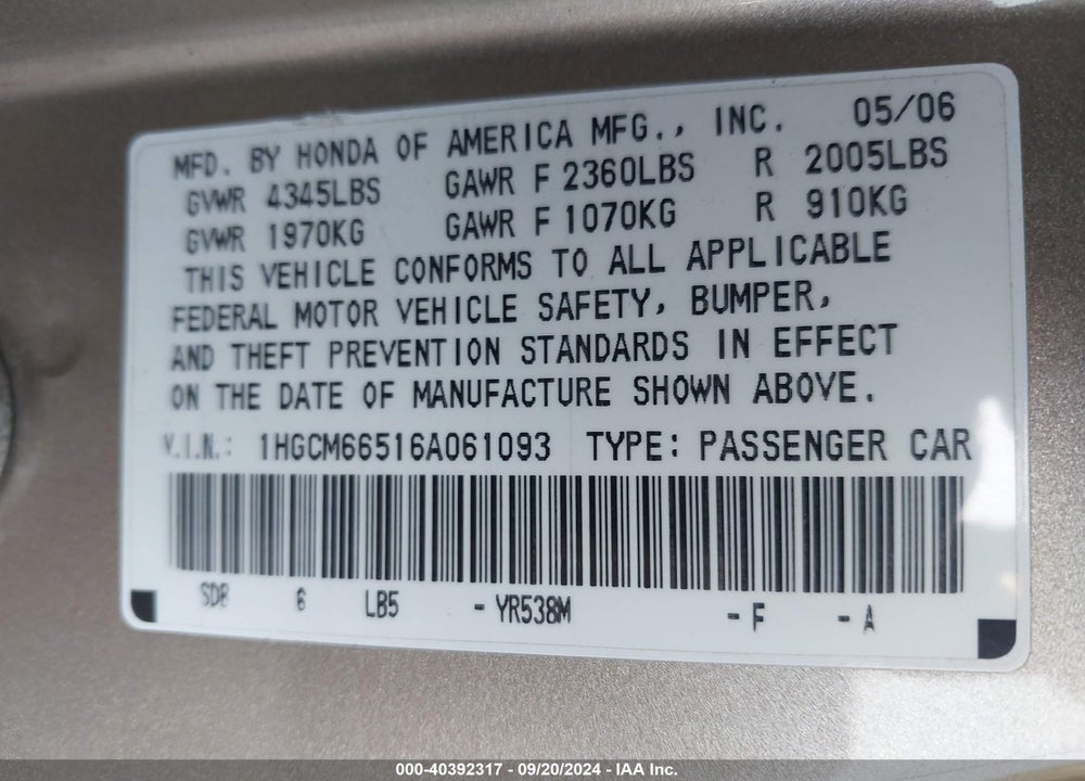 2006 HONDA ACCORD 3.0 EX VIN: 1HGCM66516A061093