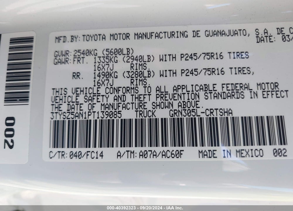 2023 TOYOTA TACOMA SR5 V6 VIN: 3TYSZ5AN1PT139085
